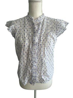 LUCKY BRAND White Blue Ruffle Sleeve Blouse Size XS
